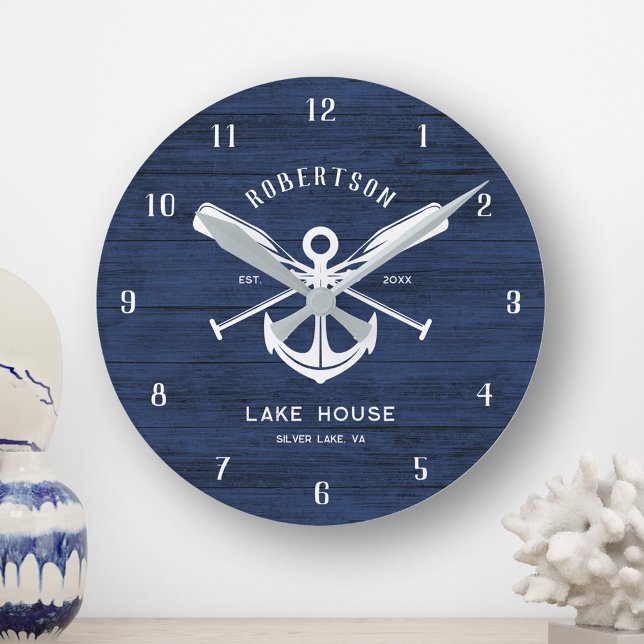 Nautical Lake House Family Name Anchor Blue Wood Round Clock (Creator Uploaded)