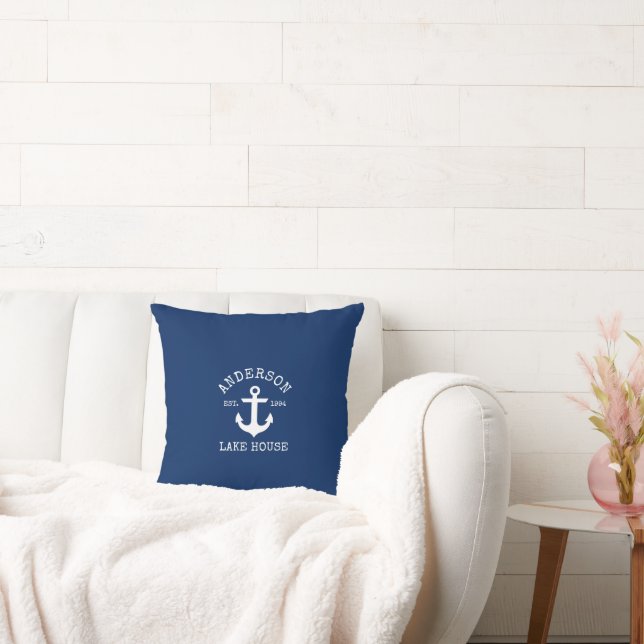 Nautical Lake House Family Name Anchor Navy Blue Cushion (Couch)