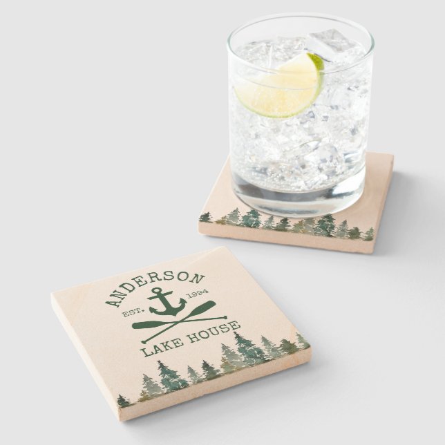 Nautical Lake House Family Name Anchor Oars Pines Stone Coaster (Side)