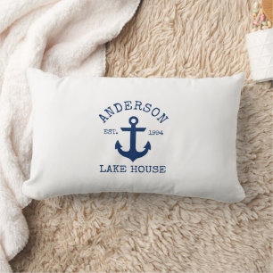Nautical Lake House Family Name  Navy Blue Anchor Lumbar Cushion