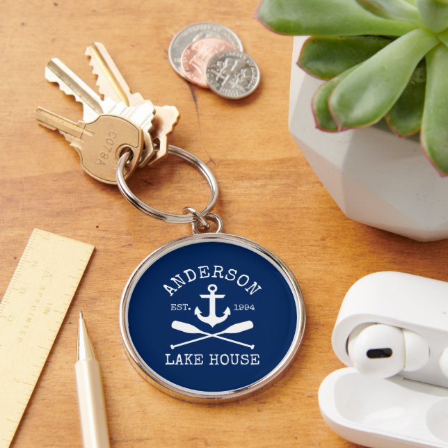 Nautical Lake House Family Navy Blue Anchor Oars Key Ring (Desk)