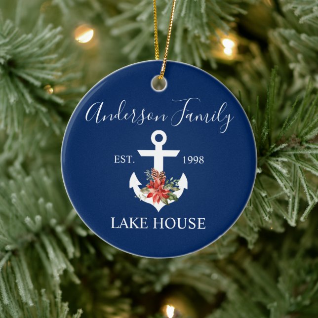 Nautical Lake House Winter Floral Navy Blue Ceramic Ornament (Tree)