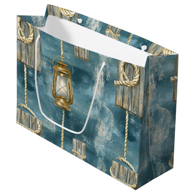 Nautical Lantern Rope Coastal Blue Pattern (1) Large Gift Bag (Front Angled)