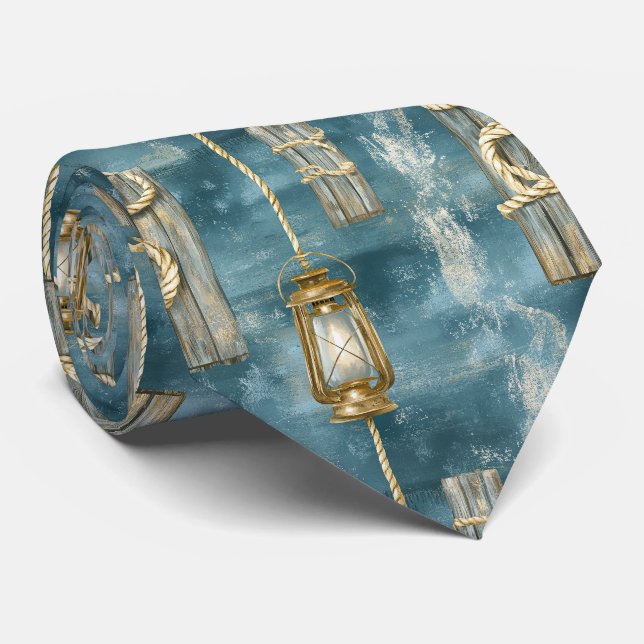 Nautical Lantern Rope Coastal Blue Pattern (1) Tie (Rolled)