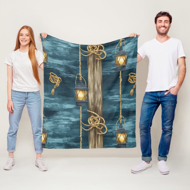 Nautical Lantern Rope Coastal Blue Pattern (2) Fleece Blanket (In Situ)