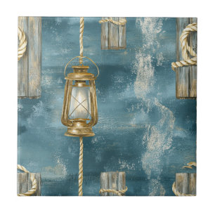 Nautical Lantern Rope Coastal Blue Pattern Ceramic Tile