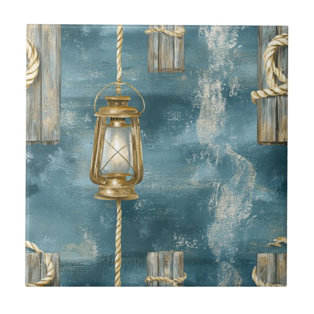 Nautical Lantern Rope Coastal Blue Pattern Ceramic Tile (Front)
