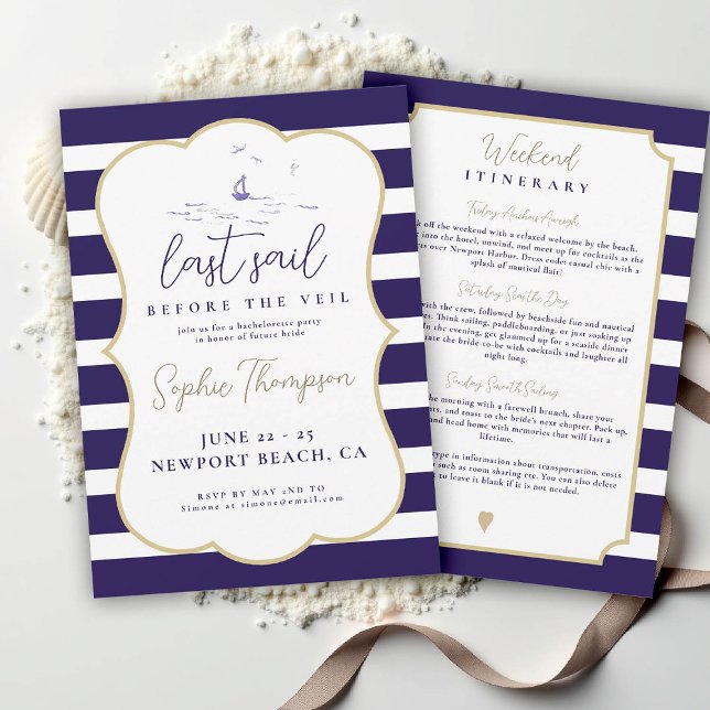 Nautical Last Sail Boat Elegant Bachelorette Party Invitation (nauti nautical bachelorette party invitation coastal beach yacht boat sailing stripes elegant)