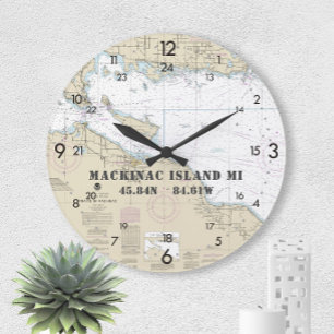 Nautical Latitude Longitude Mackinac Island 24-Hr Large Clock