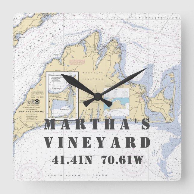 Nautical Latitude Longitude: Martha's Vineyard, MA Square Wall Clock (Front)