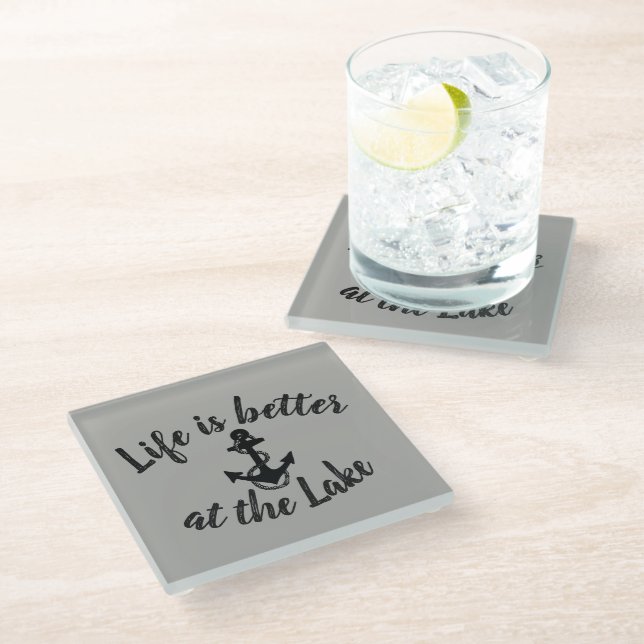 nautical LIFE IS BETTER AT THE LAKE and anchor | Glass Coaster (Angled)