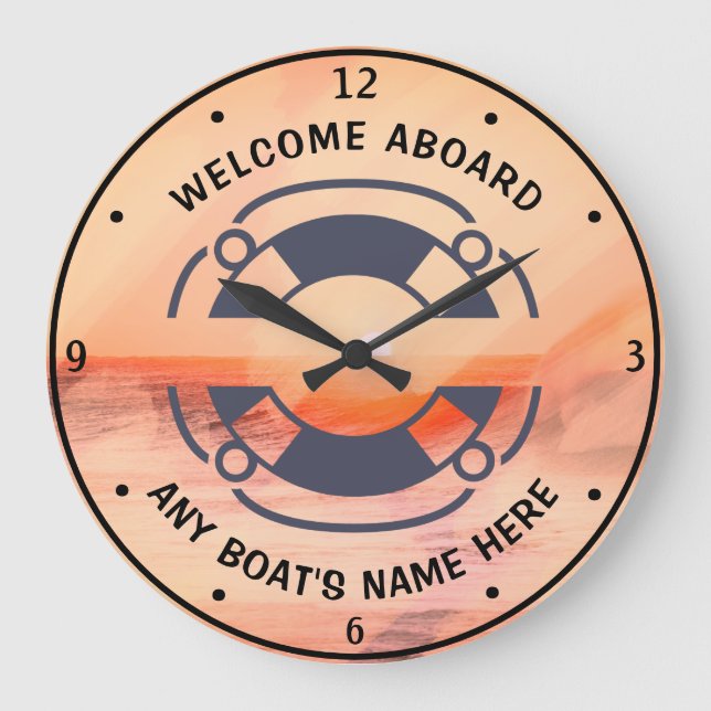 Nautical Life Preserver Boat's Name Watercolor Large Clock (Front)
