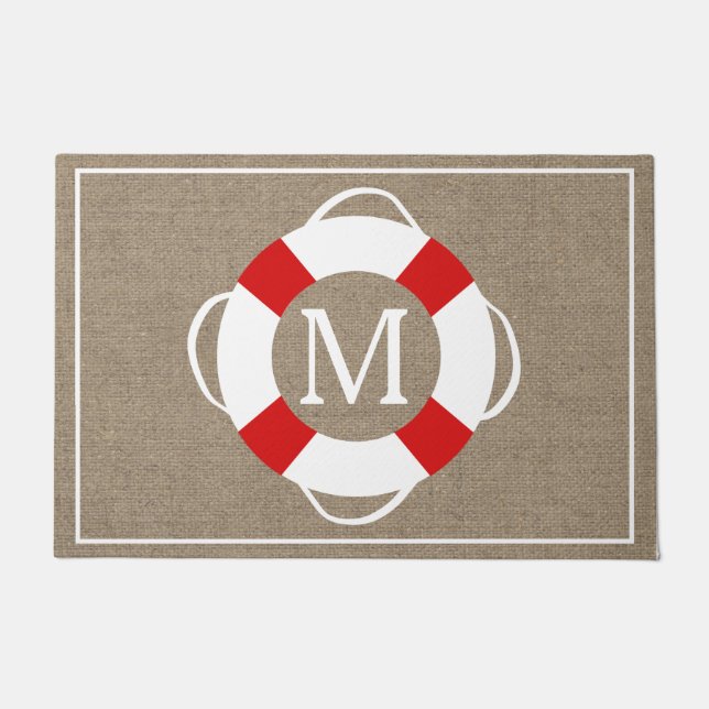 Nautical Life Preserver & Faux Burlap Personalised Doormat (Front)