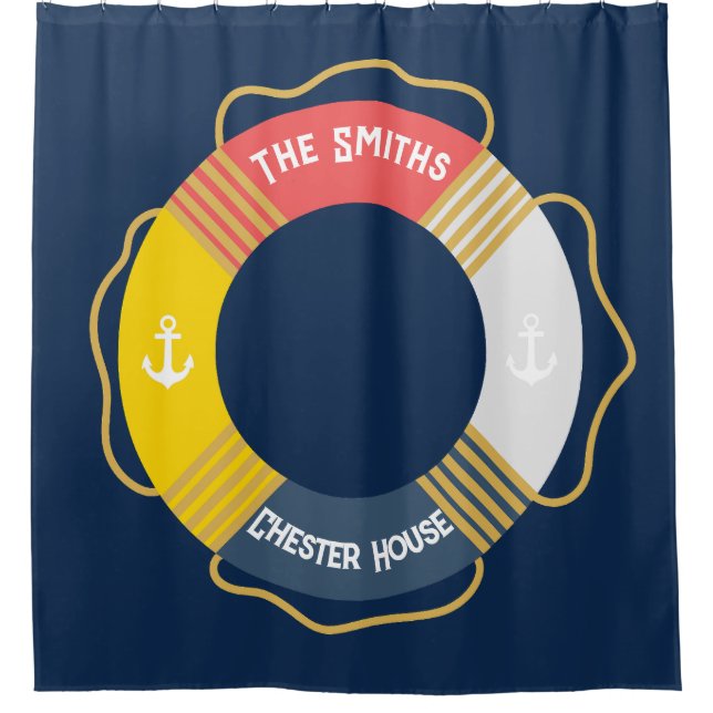 Nautical Life Preserver with Family Name and House Shower Curtain (Front)