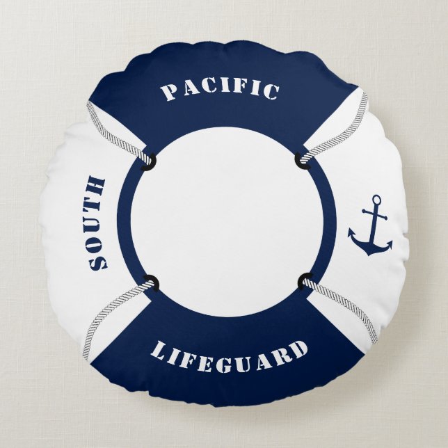 Nautical Lifering Pillow, Blue, Maritime Round Cushion (Front)
