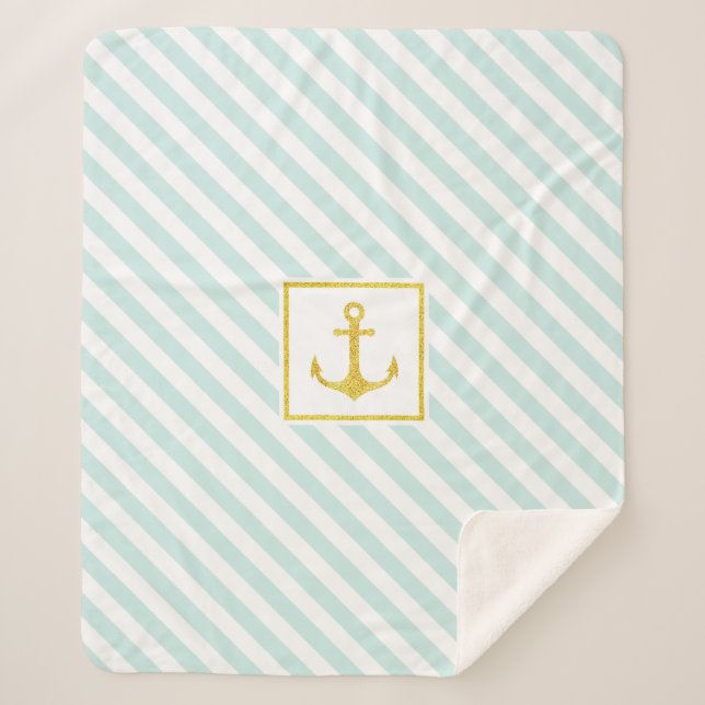 Nautical Light Blue Stripes Golden Glitter Anchor Sherpa Blanket (Front)