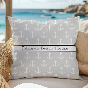 Nautical Light Grey Blue White Anchor Pattern Name Cushion