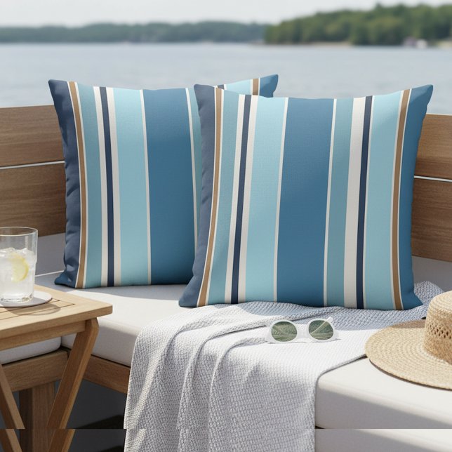 Nautical Light Teal Dark Navy Blue White Stripes Cushion (Creator Uploaded)