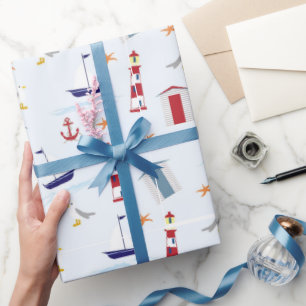 Nautical Lighthouse and Anchor Coastal Design Wrapping Paper