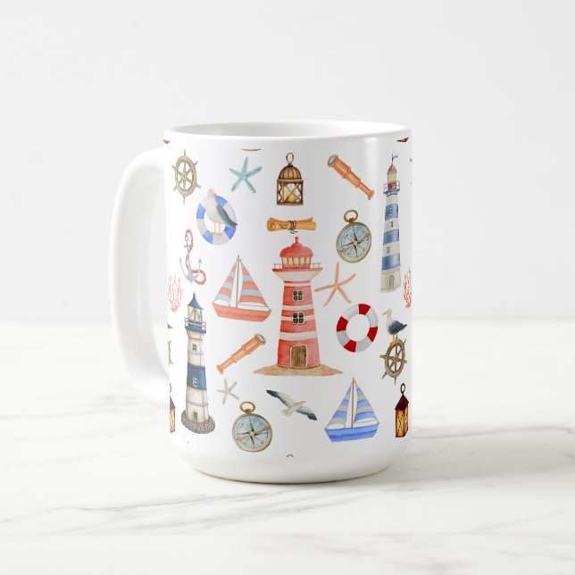 Nautical Lighthouse And Sailboat Coffee Mug (Front Left)