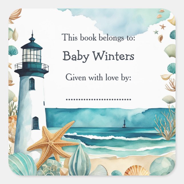 Nautical Lighthouse Baby Shower Bookplate Square Sticker (Front)