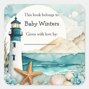 Nautical Lighthouse Baby Shower Bookplate Square Sticker