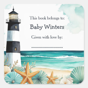 Nautical Lighthouse Baby Shower Bookplate Square Sticker