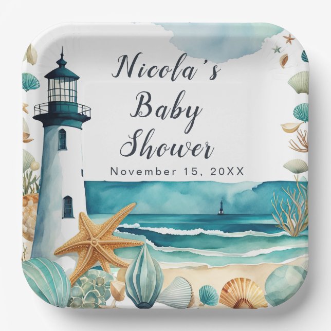 Nautical Lighthouse Baby Shower Paper Plate (Front)