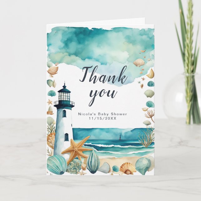 Nautical Lighthouse Baby Shower Thank You Card (Front)