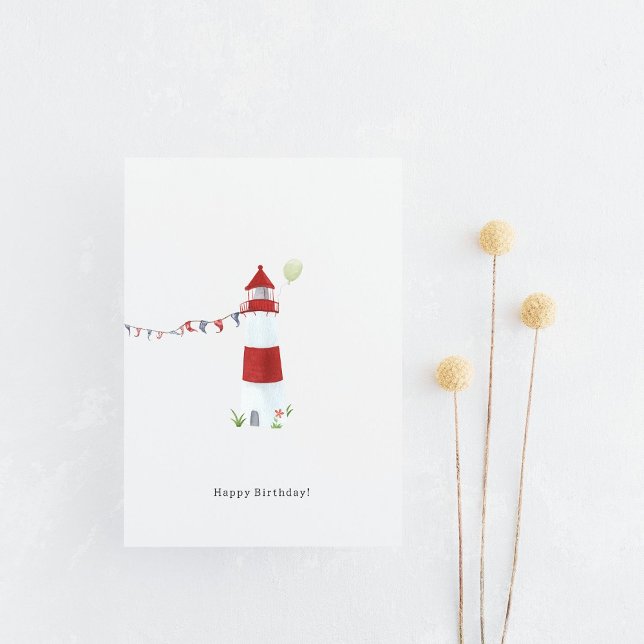 Nautical Lighthouse Beach Happy Birthday Balloon Postcard (Creator Uploaded)
