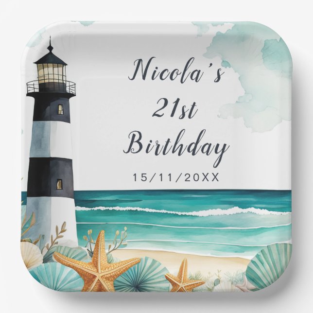 Nautical Lighthouse Birthday Paper Plate (Front)