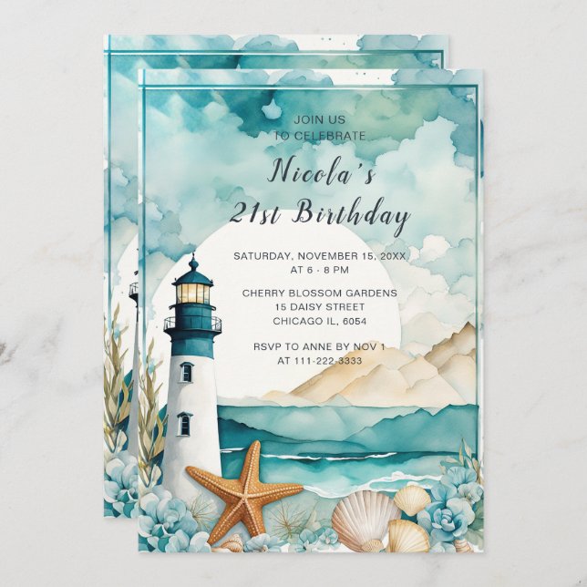 Nautical Lighthouse Birthday Party Invitation (Front/Back)