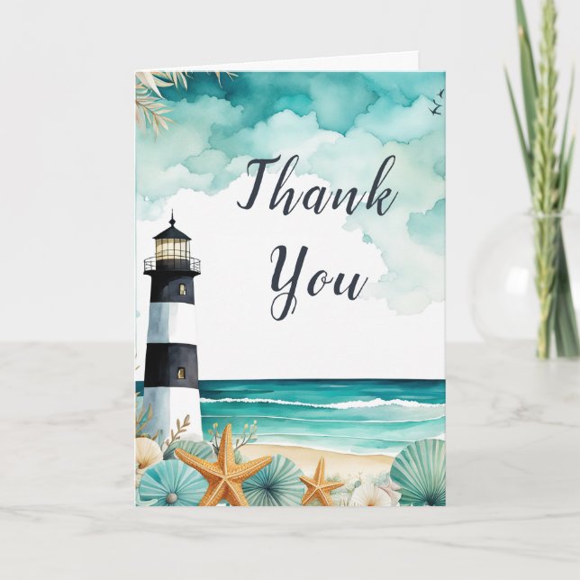 Nautical Lighthouse Birthday Party Thank You Card (Front)
