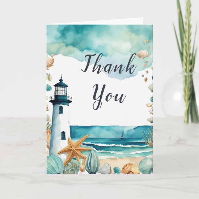 Nautical Lighthouse Birthday Party Thank You Card (Front)