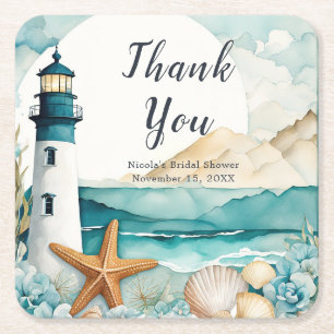 Nautical Lighthouse Bridal Shower Square Paper Coaster