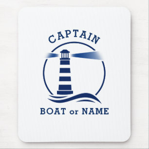 Nautical Lighthouse Captain & Boat or Name Navy Mouse Pad
