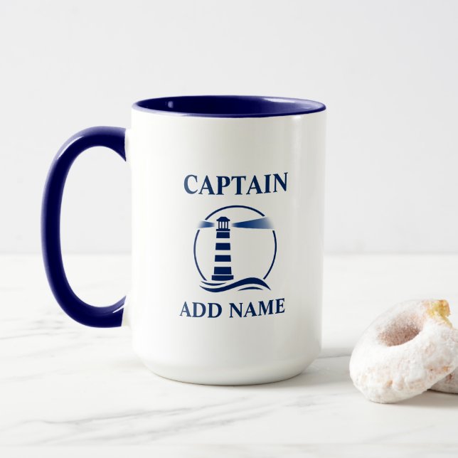 Nautical Lighthouse & Captain or Boat Name Large Mug (With Donut)