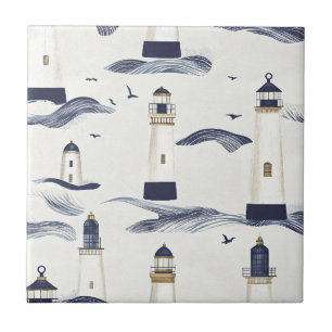 Nautical Lighthouse Coastal Blue Pattern (1) Ceramic Tile