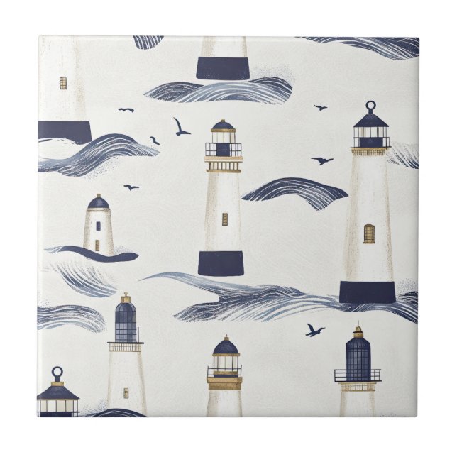 Nautical Lighthouse Coastal Blue Pattern (1) Ceramic Tile (Front)