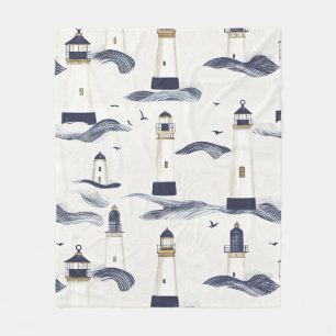 Nautical Lighthouse Coastal Blue Pattern Fleece Blanket