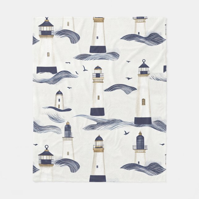 Nautical Lighthouse Coastal Blue Pattern Fleece Blanket (Front)