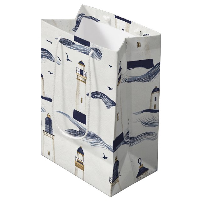 Nautical Lighthouse Coastal Blue Pattern Medium Gift Bag (Front Angled)