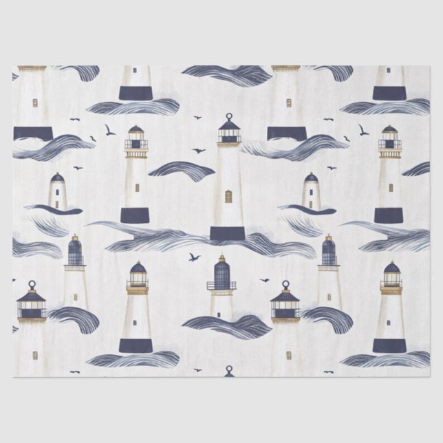Nautical Lighthouse Coastal Blue Pattern Tissue Paper (Front)