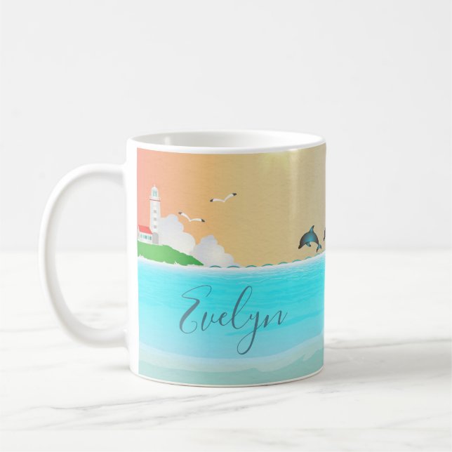Nautical Lighthouse Custom Mug with Dolphins (Left)