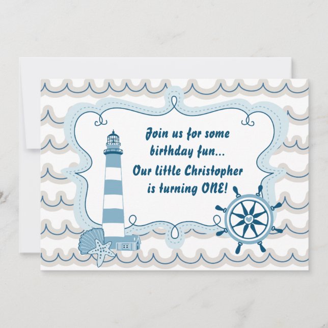 Nautical Lighthouse First Birthday Invite for Boys (Front)