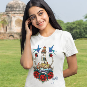 Nautical Lighthouse Floral Red Anchor Blue T-Shirt