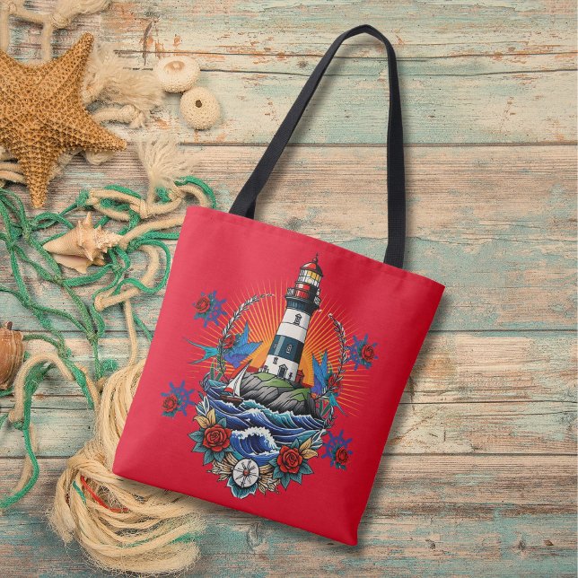 Nautical Lighthouse Floral Red Blue  Tote Bag (Creator Uploaded)