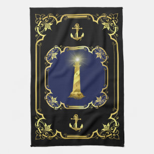 Nautical lighthouse gilded black/gold/blue tea towel