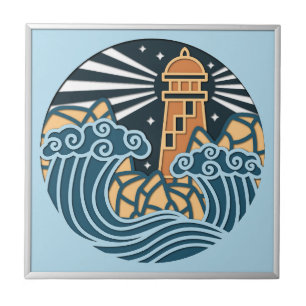 Nautical Lighthouse Ocean Night Scene Ceramic Tile