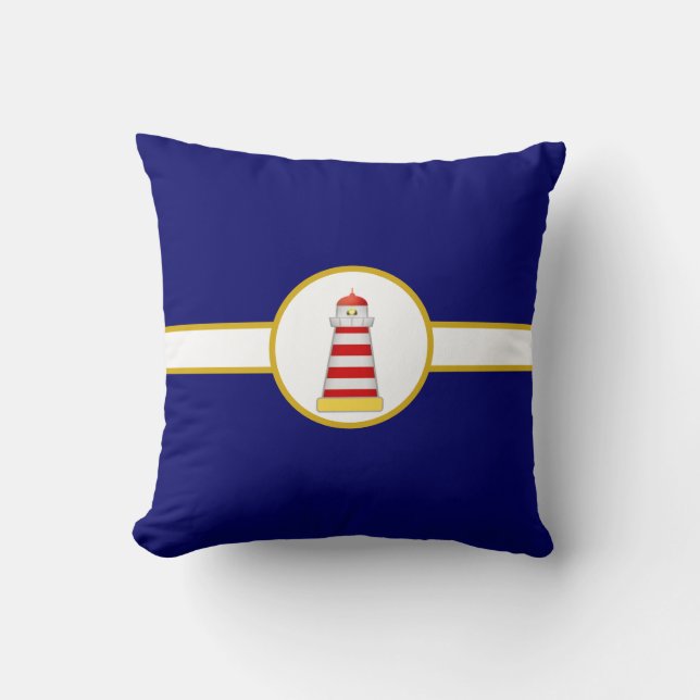 Nautical Lighthouse on Navy Blue & White Cushion (Front)